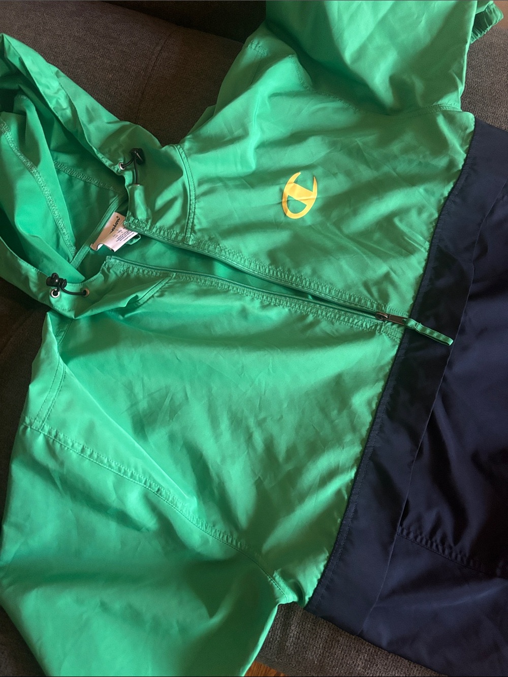 Champion Green and Navy Hooded Rain Jacket with Yellow Logo